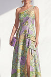 One Shoulder Blue Floral A-Line Ruffled Long Mother of the Bride Dress with Slit