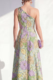 One Shoulder Blue Floral A-Line Ruffled Long Mother of the Bride Dress with Slit