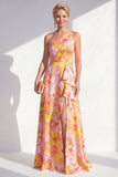 One Shoulder Blue Floral A-Line Ruffled Long Mother of the Bride Dress with Slit