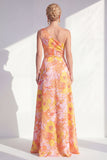 One Shoulder Blue Floral A-Line Ruffled Long Mother of the Bride Dress with Slit