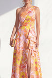 One Shoulder Blue Floral A-Line Ruffled Long Mother of the Bride Dress with Slit