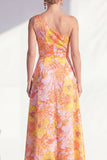 One Shoulder Blue Floral A-Line Ruffled Long Mother of the Bride Dress with Slit