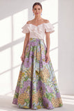 Pink Blue Flower A-Line Off the Shoulder Ruffled Long Mother Of the Bride Dress