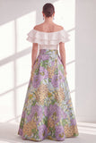 Pink Blue Flower A-Line Off the Shoulder Ruffled Long Mother Of the Bride Dress
