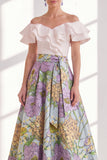 Pink Blue Flower A-Line Off the Shoulder Ruffled Long Mother Of the Bride Dress