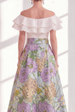Pink Blue Flower A-Line Off the Shoulder Ruffled Long Mother Of the Bride Dress