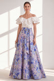 Pink Blue Flower A-Line Off the Shoulder Ruffled Long Mother Of the Bride Dress