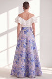 Pink Blue Flower A-Line Off the Shoulder Ruffled Long Mother Of the Bride Dress