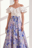 Pink Blue Flower A-Line Off the Shoulder Ruffled Long Mother Of the Bride Dress