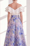Pink Blue Flower A-Line Off the Shoulder Ruffled Long Mother Of the Bride Dress