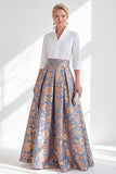 Blue Pink Flower A-Line Long Mother of the Bride Dress with 3/4 Sleeves