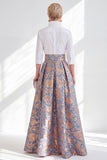 Blue Pink Flower A-Line Long Mother of the Bride Dress with 3/4 Sleeves