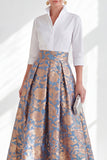 Blue Pink Flower A-Line Long Mother of the Bride Dress with 3/4 Sleeves