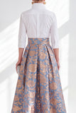 Blue Pink Flower A-Line Long Mother of the Bride Dress with 3/4 Sleeves