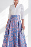 Blue Pink Flower A-Line Long Mother of the Bride Dress with 3/4 Sleeves