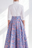 Blue Pink Flower A-Line Long Mother of the Bride Dress with 3/4 Sleeves