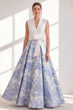 Blue A-Line Jacquard V-Neck Long Mother Of the Bride Dress with Bow