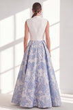 Blue A-Line Jacquard V-Neck Long Mother Of the Bride Dress with Bow