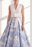 Blue A-Line Jacquard V-Neck Long Mother Of the Bride Dress with Bow
