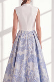 Blue A-Line Jacquard V-Neck Long Mother Of the Bride Dress with Bow