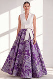 Blue A-Line Jacquard V-Neck Long Mother Of the Bride Dress with Bow