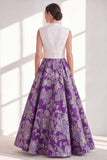 Blue A-Line Jacquard V-Neck Long Mother Of the Bride Dress with Bow