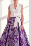 Blue A-Line Jacquard V-Neck Long Mother Of the Bride Dress with Bow