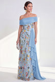 Off the Shoulder Green Sheath Floral Long Mother of the Bride Dress with Ruffles