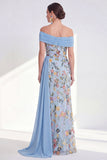 Off the Shoulder Green Sheath Floral Long Mother of the Bride Dress with Ruffles