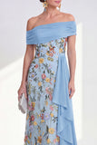 Off the Shoulder Green Sheath Floral Long Mother of the Bride Dress with Ruffles