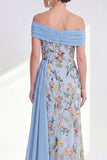 Off the Shoulder Green Sheath Floral Long Mother of the Bride Dress with Ruffles