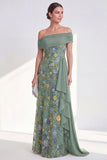 Off the Shoulder Green Sheath Floral Long Mother of the Bride Dress with Ruffles