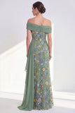 Off the Shoulder Green Sheath Floral Long Mother of the Bride Dress with Ruffles