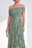 Off the Shoulder Green Sheath Floral Long Mother of the Bride Dress with Ruffles