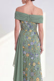 Off the Shoulder Green Sheath Floral Long Mother of the Bride Dress with Ruffles