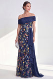 Off the Shoulder Green Sheath Floral Long Mother of the Bride Dress with Ruffles