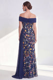 Off the Shoulder Green Sheath Floral Long Mother of the Bride Dress with Ruffles