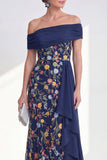 Off the Shoulder Green Sheath Floral Long Mother of the Bride Dress with Ruffles
