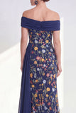 Off the Shoulder Green Sheath Floral Long Mother of the Bride Dress with Ruffles