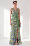 Grey Purple Mermaid Bateau Neck Floral Long Mother of the Bride Dress with Slit