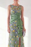 Grey Purple Mermaid Bateau Neck Floral Long Mother of the Bride Dress with Slit