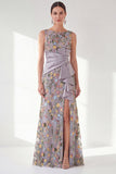 Grey Purple Mermaid Bateau Neck Floral Long Mother of the Bride Dress with Slit