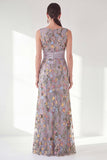 Grey Purple Mermaid Bateau Neck Floral Long Mother of the Bride Dress with Slit
