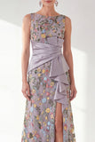 Grey Purple Mermaid Bateau Neck Floral Long Mother of the Bride Dress with Slit