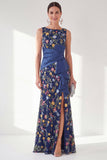Grey Purple Mermaid Bateau Neck Floral Long Mother of the Bride Dress with Slit