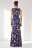 Grey Purple Mermaid Bateau Neck Floral Long Mother of the Bride Dress with Slit