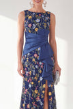 Grey Purple Mermaid Bateau Neck Floral Long Mother of the Bride Dress with Slit