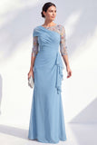 Green Mermaid Chiffon Long Mother of the Bride Dress with 3/4 Sleeves