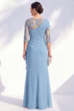 Green Mermaid Chiffon Long Mother of the Bride Dress with 3/4 Sleeves