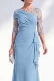 Green Mermaid Chiffon Long Mother of the Bride Dress with 3/4 Sleeves